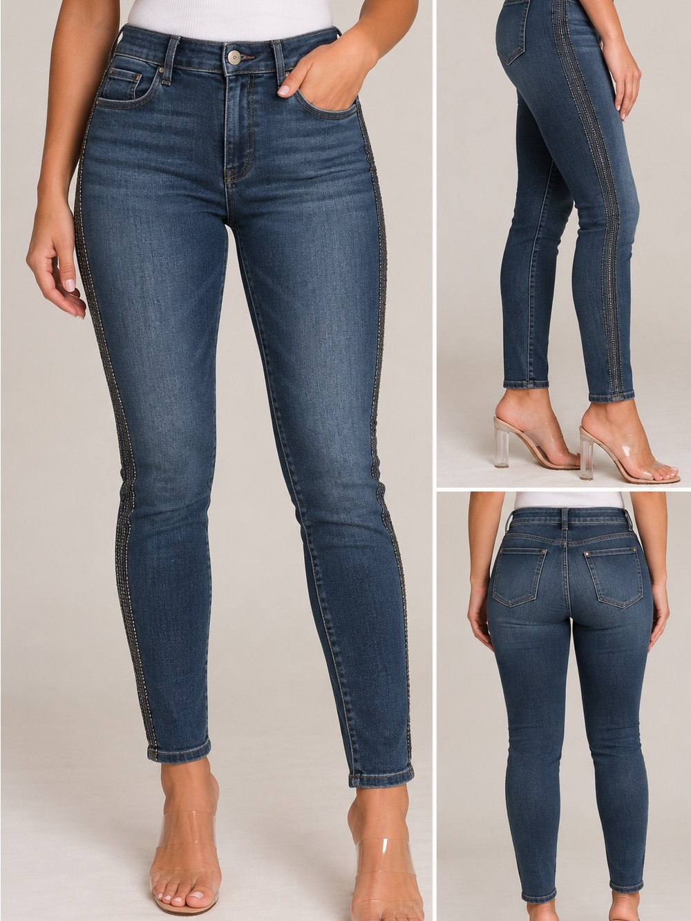 White House Black Market Dark Blue Skinny Jeans with Side Pearl Trim